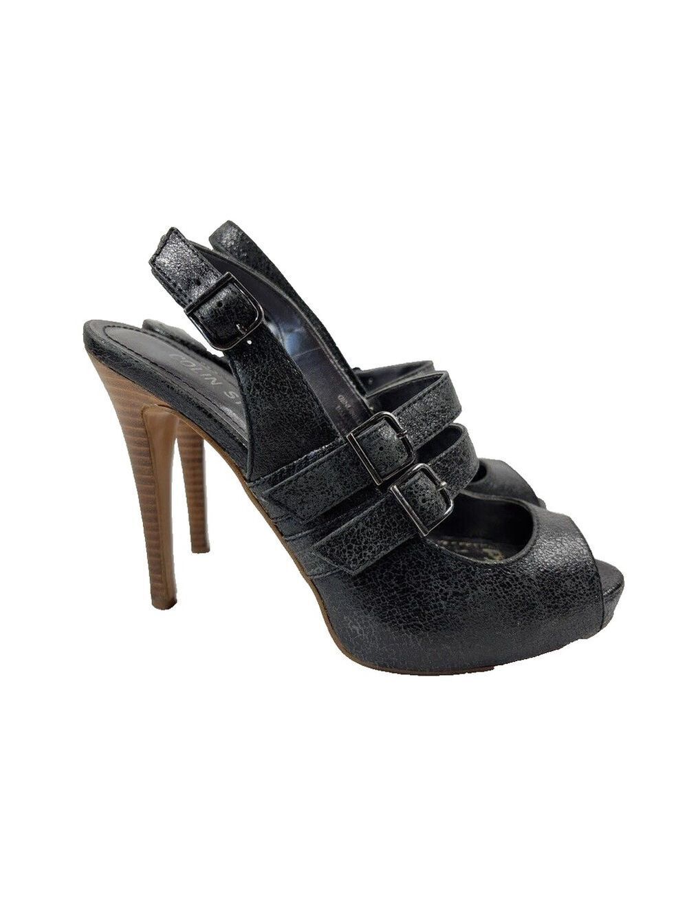 Colin Stuart Distressed Black Leather Strap Back Pumps Women's Size 7